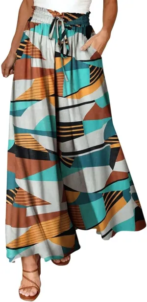 Miyaomn Womens Casual Elastic Waist Wide Leg Pants 2024 Summer Floral Solid Flowy Pockets Palazzo Pants Lounge Beach Trousers