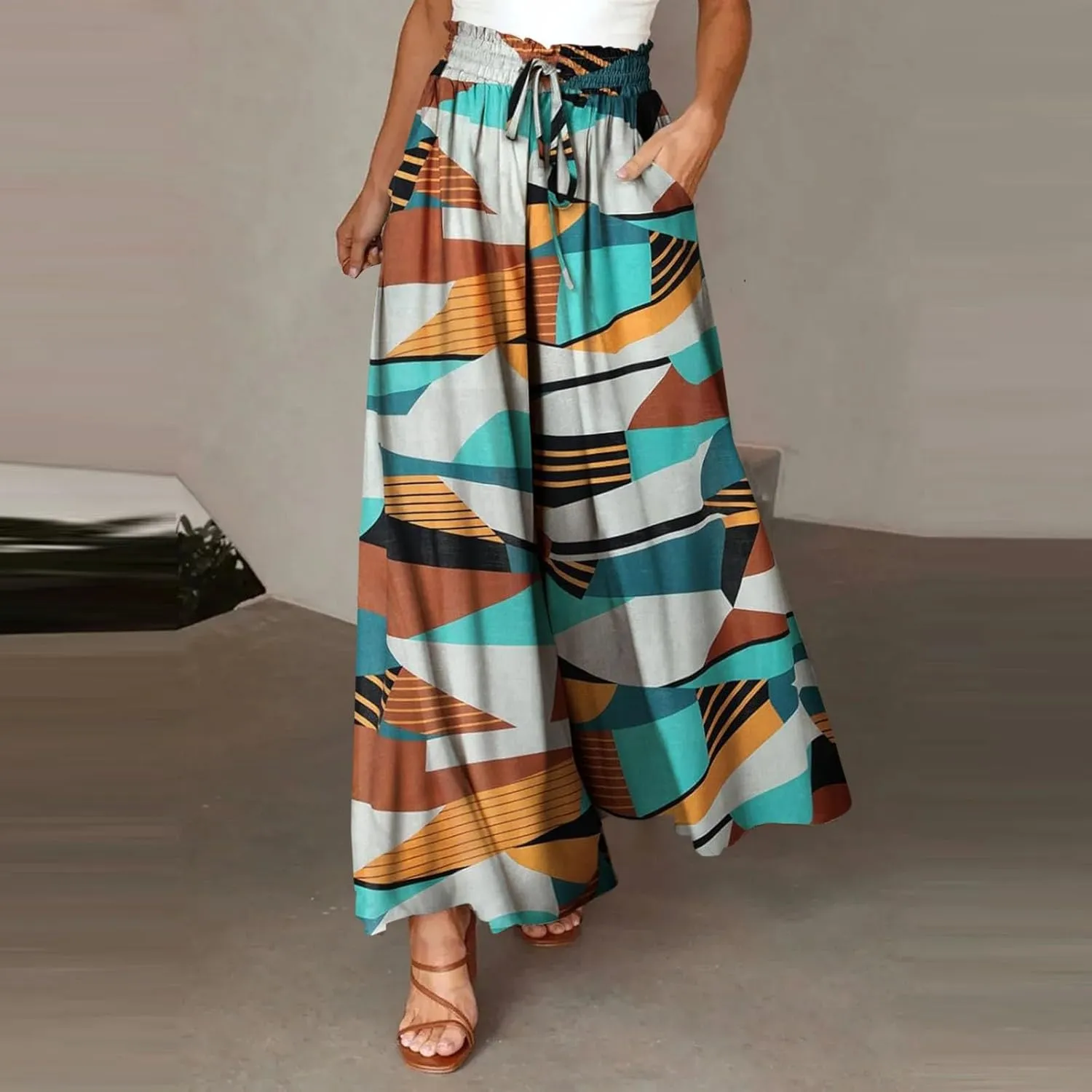 Miyaomn Womens Casual Elastic Waist Wide Leg Pants 2024 Summer Floral Solid Flowy Pockets Palazzo Pants Lounge Beach Trousers