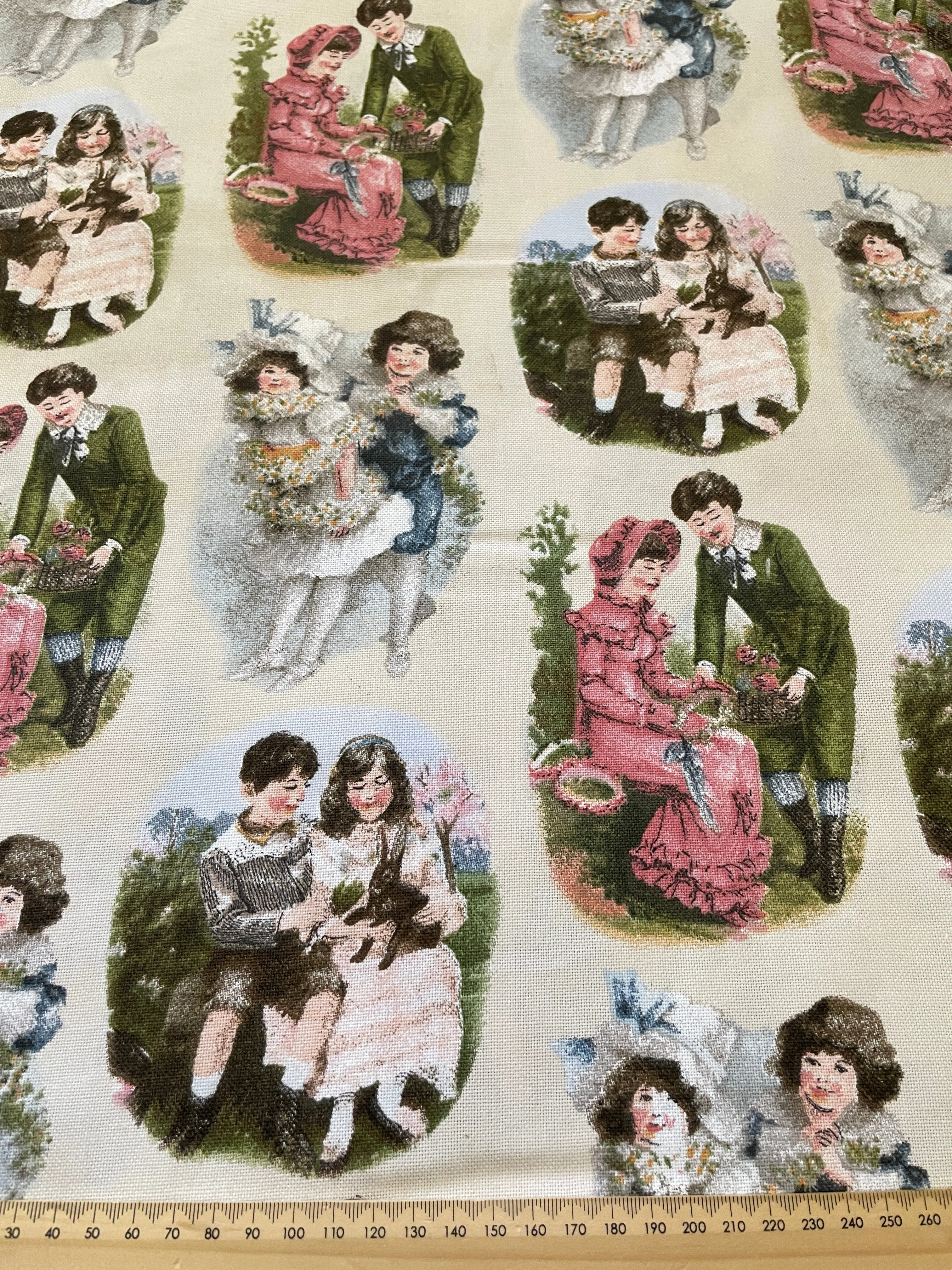 Modern Fabric Soft Drapery Cotton Blend w/ Old World Kiddies Print 'Hollyhock' 148cm Wide