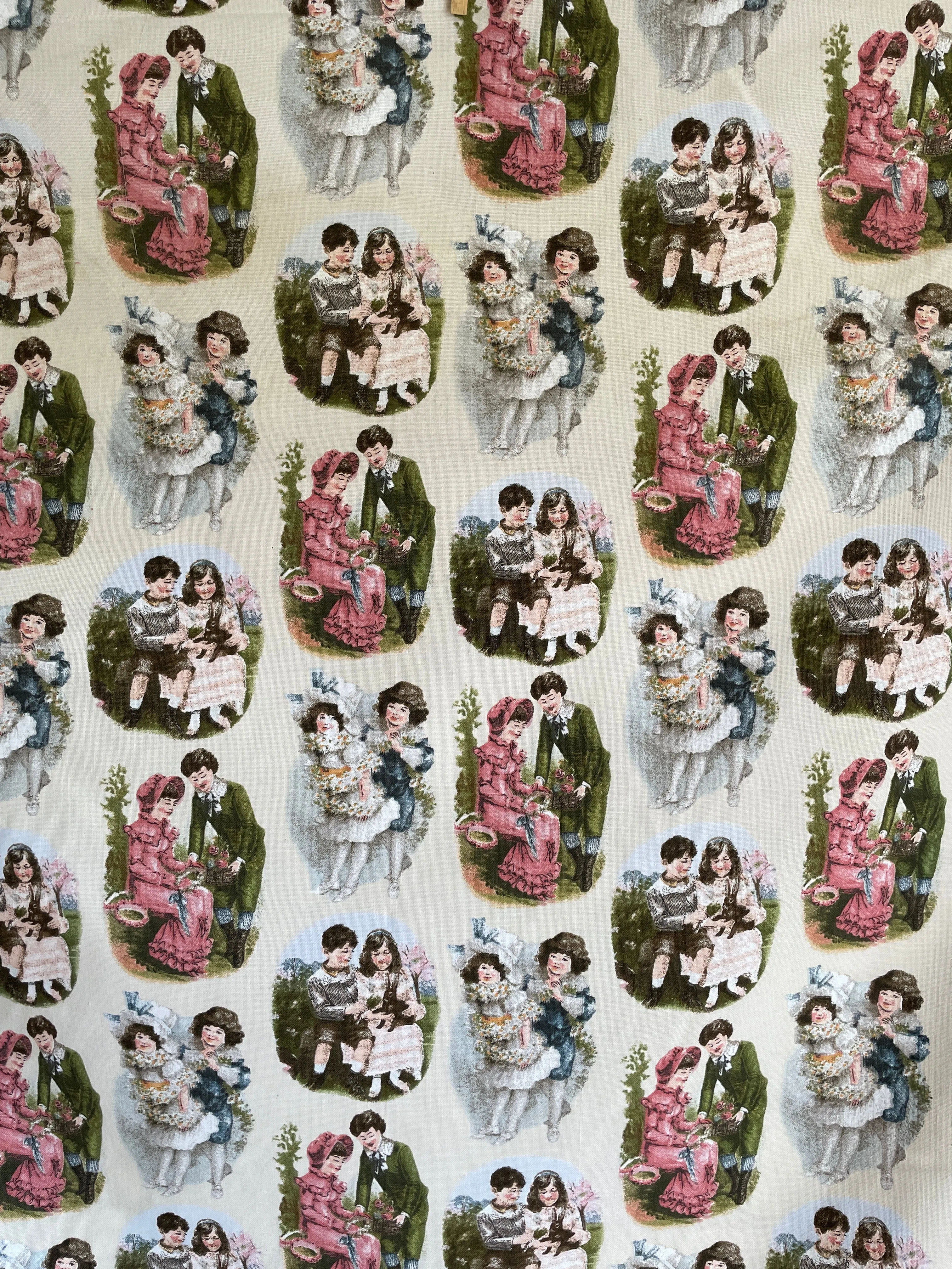 Modern Fabric Soft Drapery Cotton Blend w/ Old World Kiddies Print 'Hollyhock' 148cm Wide