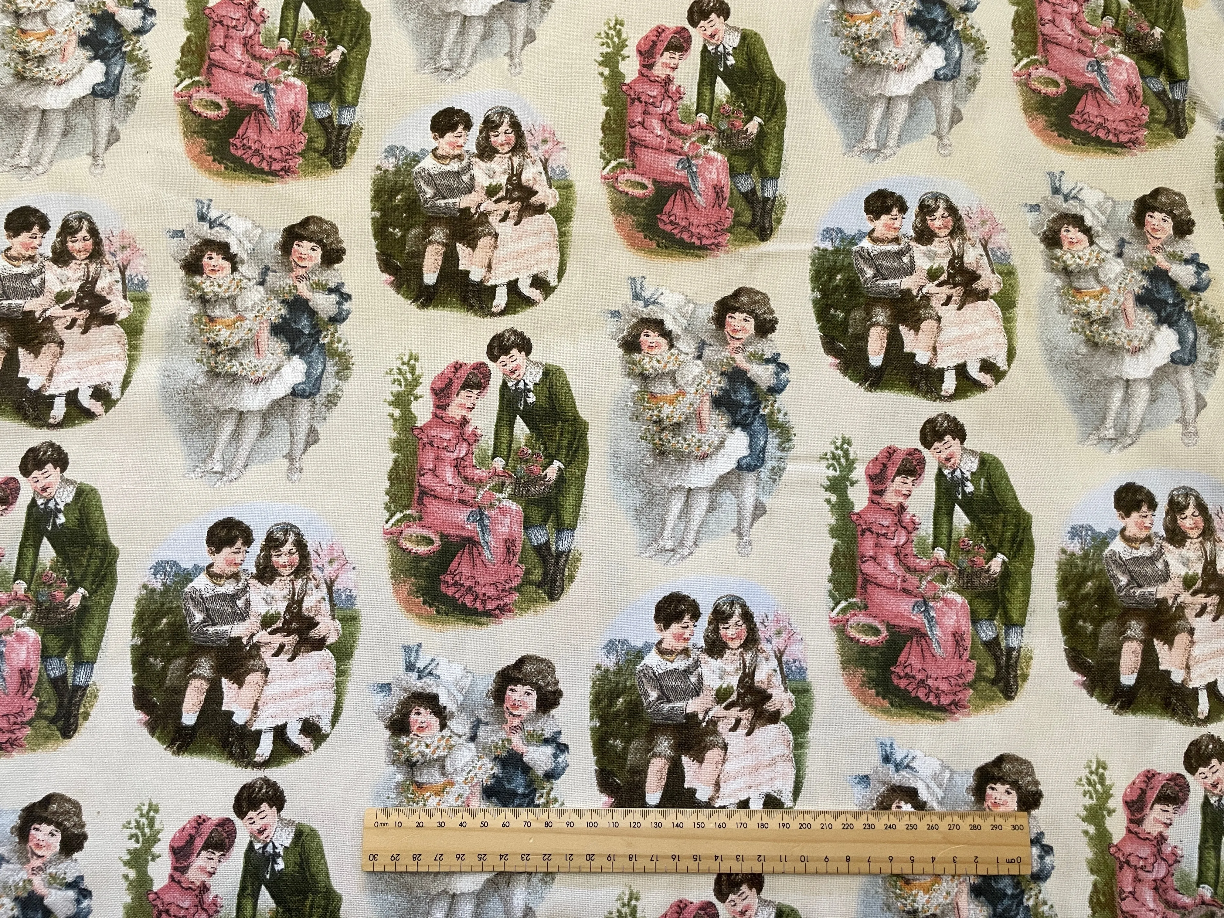 Modern Fabric Soft Drapery Cotton Blend w/ Old World Kiddies Print 'Hollyhock' 148cm Wide