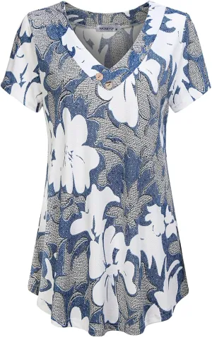 MOQIVGI Womens V Neck Short Sleeve Floral Print Blouse Tops Fashion Casual Tunic Shirts