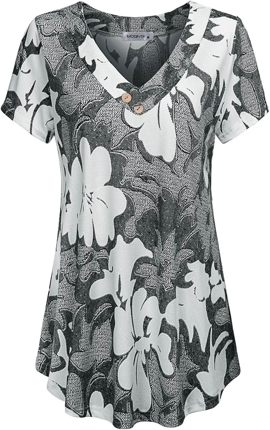 MOQIVGI Womens V Neck Short Sleeve Floral Print Blouse Tops Fashion Casual Tunic Shirts