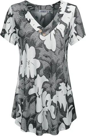 MOQIVGI Womens V Neck Short Sleeve Floral Print Blouse Tops Fashion Casual Tunic Shirts