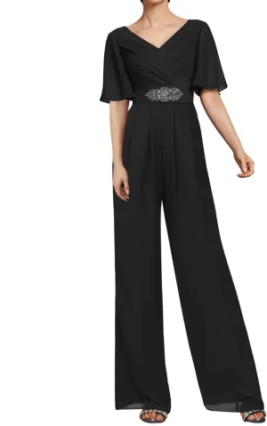 Mother of The Bride Dresses Pants Suits for Wedding Chiffon Long Formal Evening Dress V-Neck Women's Jumpsuits