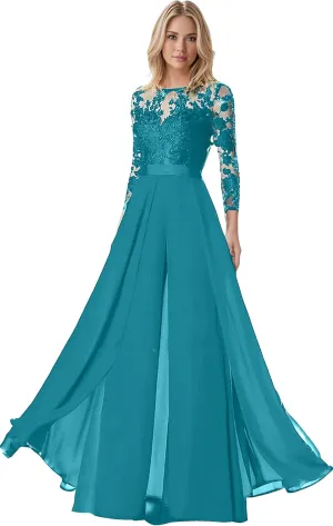 Mother of The Bride Pant Suits for Womens Dressy Chiffon Lace 3/4 Sleeves Wedding Jumpsuits