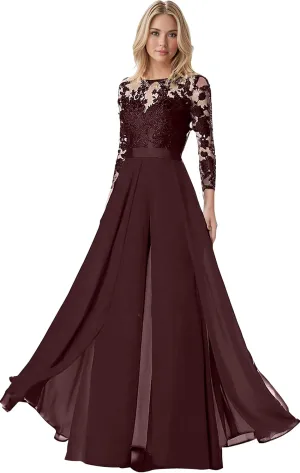 Mother of The Bride Pant Suits for Womens Dressy Chiffon Lace 3/4 Sleeves Wedding Jumpsuits