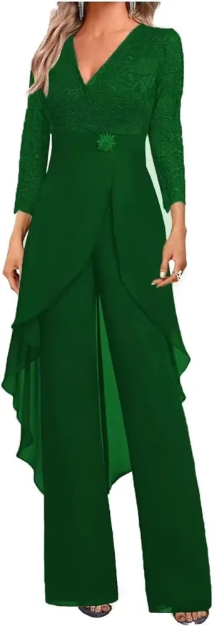 Mother of The Bride Pants Suits Dresses for Wedding Chiffon 2 Pcs Formal Pant Suits V-Neck Women's Jumpsuits