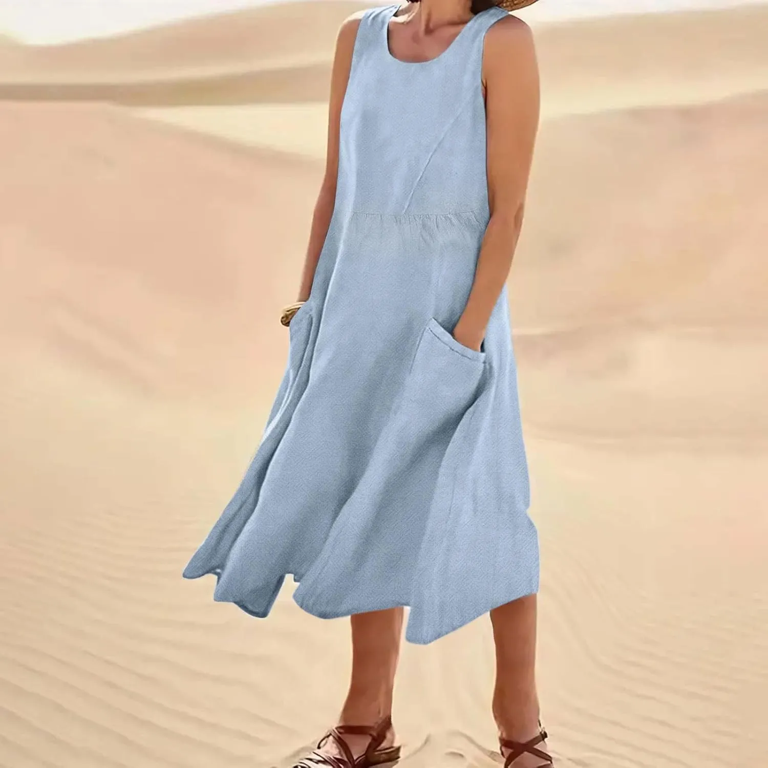 Mzkdieey Maxi Dresses for Women Summer Crew Neck Sleeveless Long Beach Dresses Plain Casual Loose Sundress with Pockets
