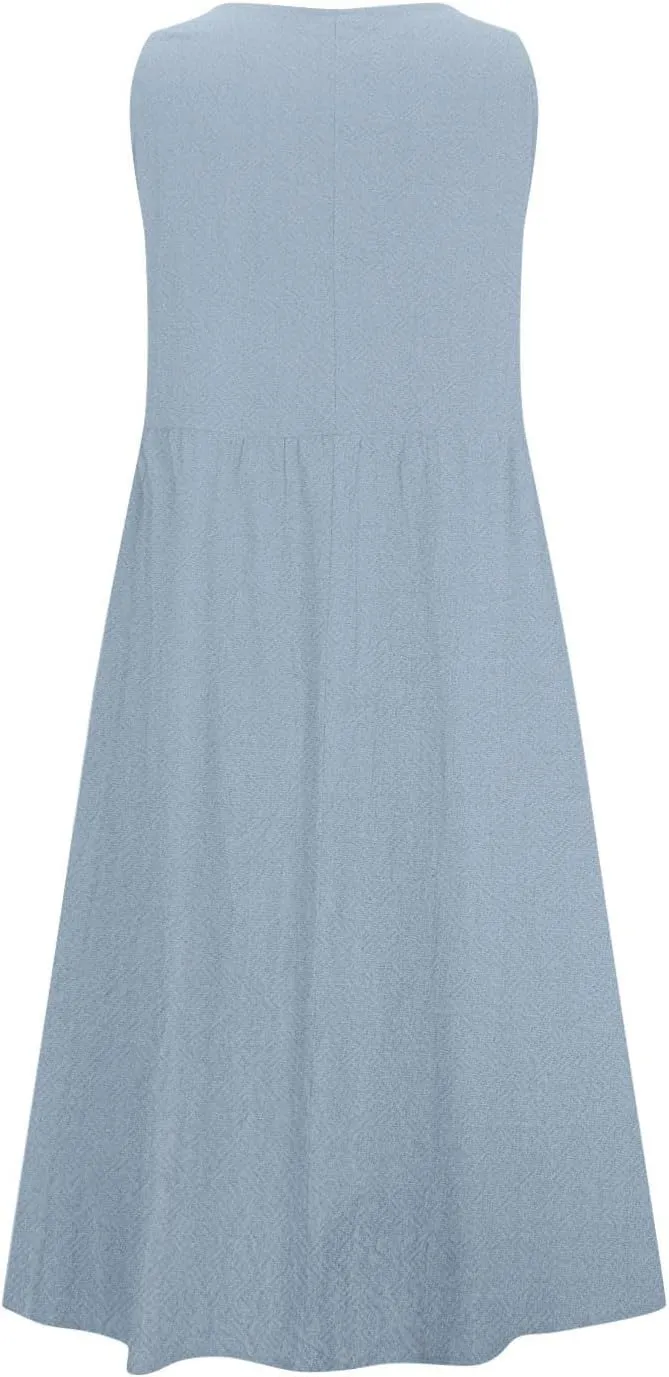 Mzkdieey Maxi Dresses for Women Summer Crew Neck Sleeveless Long Beach Dresses Plain Casual Loose Sundress with Pockets