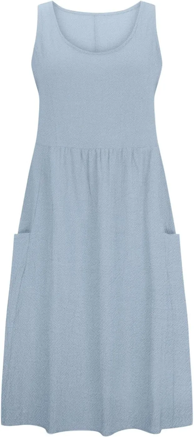 Mzkdieey Maxi Dresses for Women Summer Crew Neck Sleeveless Long Beach Dresses Plain Casual Loose Sundress with Pockets