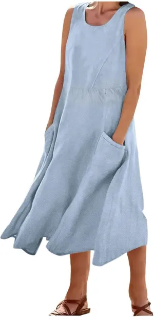 Mzkdieey Maxi Dresses for Women Summer Crew Neck Sleeveless Long Beach Dresses Plain Casual Loose Sundress with Pockets