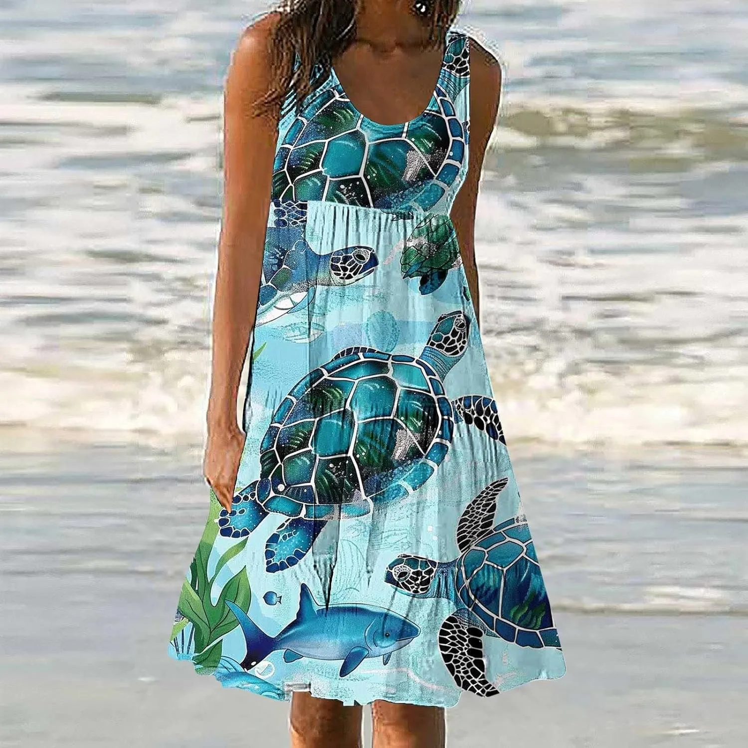 Mzkdieey Women Sea Turtle Print Beach Dresses Summer Casual Tiered Ruffle Hem Mini Dress Sleeveless Baggy Flowy Tank Dress