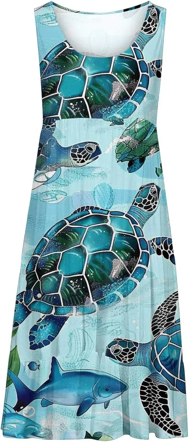 Mzkdieey Women Sea Turtle Print Beach Dresses Summer Casual Tiered Ruffle Hem Mini Dress Sleeveless Baggy Flowy Tank Dress
