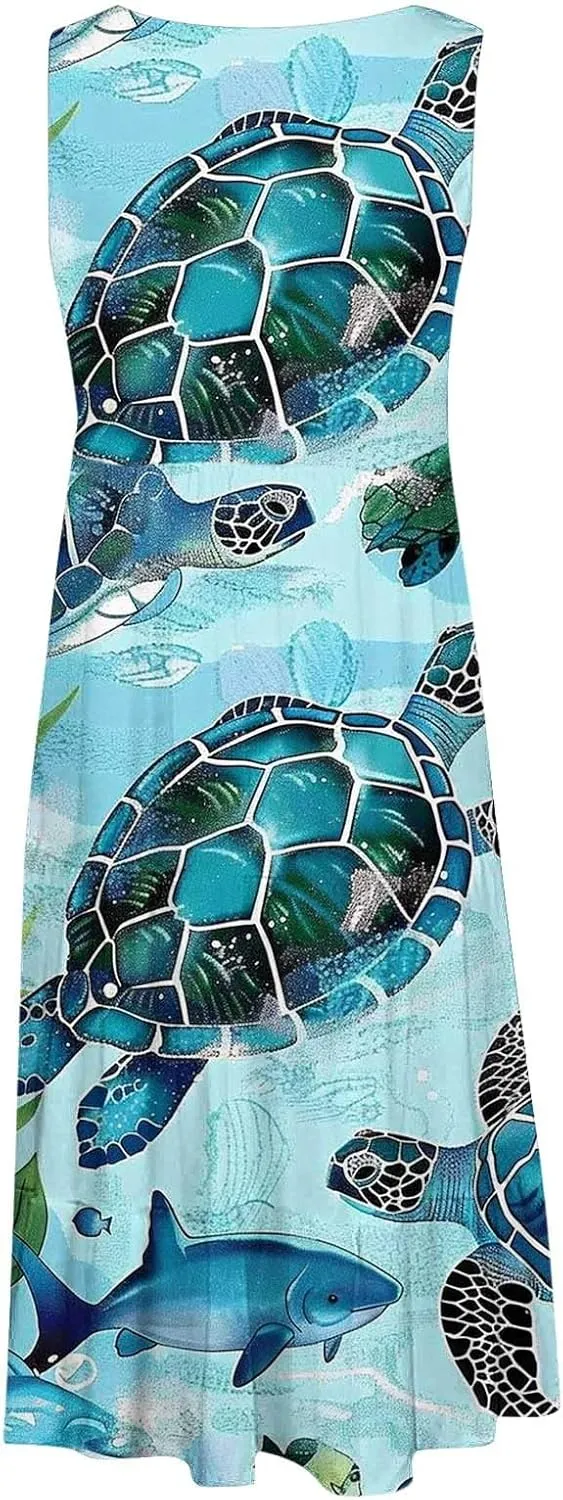 Mzkdieey Women Sea Turtle Print Beach Dresses Summer Casual Tiered Ruffle Hem Mini Dress Sleeveless Baggy Flowy Tank Dress