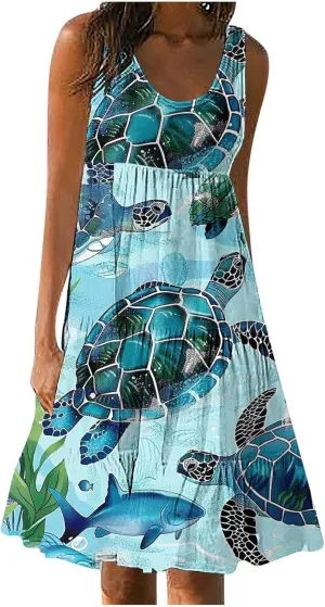 Mzkdieey Women Sea Turtle Print Beach Dresses Summer Casual Tiered Ruffle Hem Mini Dress Sleeveless Baggy Flowy Tank Dress