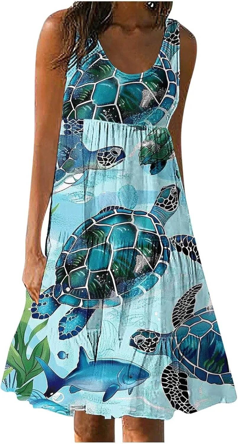 Mzkdieey Women Sea Turtle Print Beach Dresses Summer Casual Tiered Ruffle Hem Mini Dress Sleeveless Baggy Flowy Tank Dress