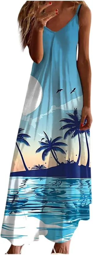 Mzkdieey Women's Beach Palm Trees Print Tropical Hawaiian Dress Spaghetti Strap V Neck Boho Long Maxi Dress Summer Sundress
