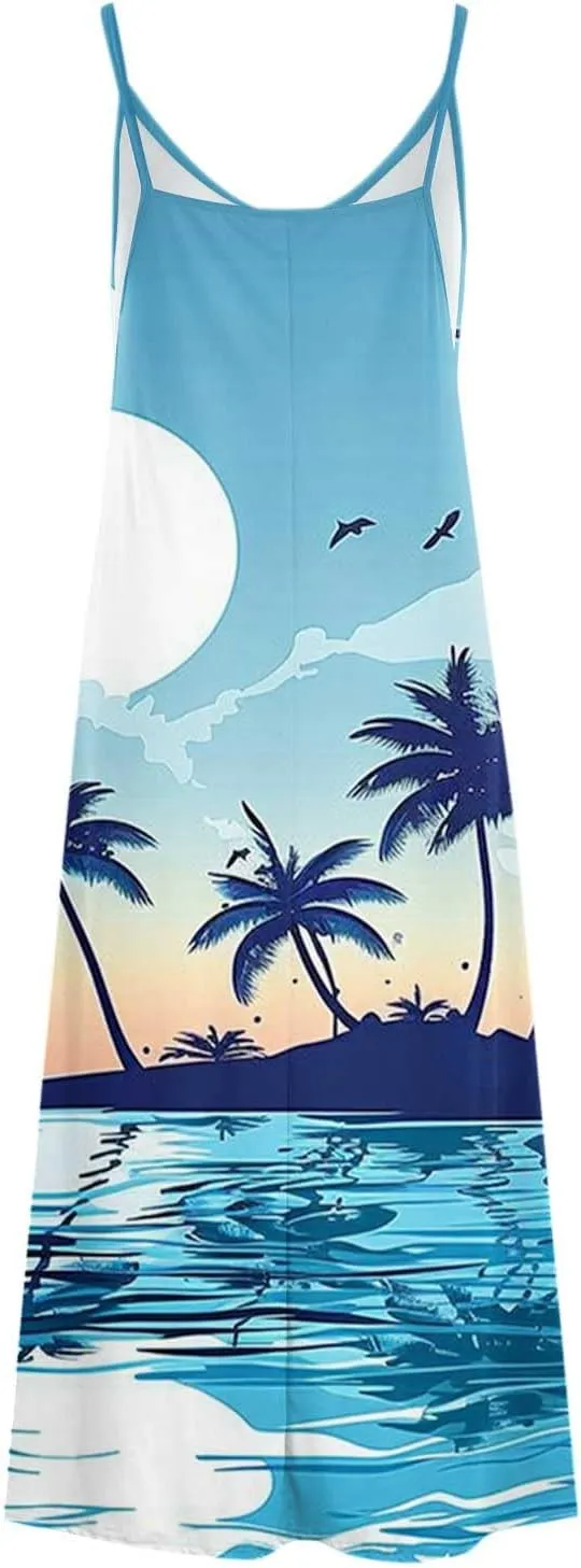 Mzkdieey Women's Beach Palm Trees Print Tropical Hawaiian Dress Spaghetti Strap V Neck Boho Long Maxi Dress Summer Sundress