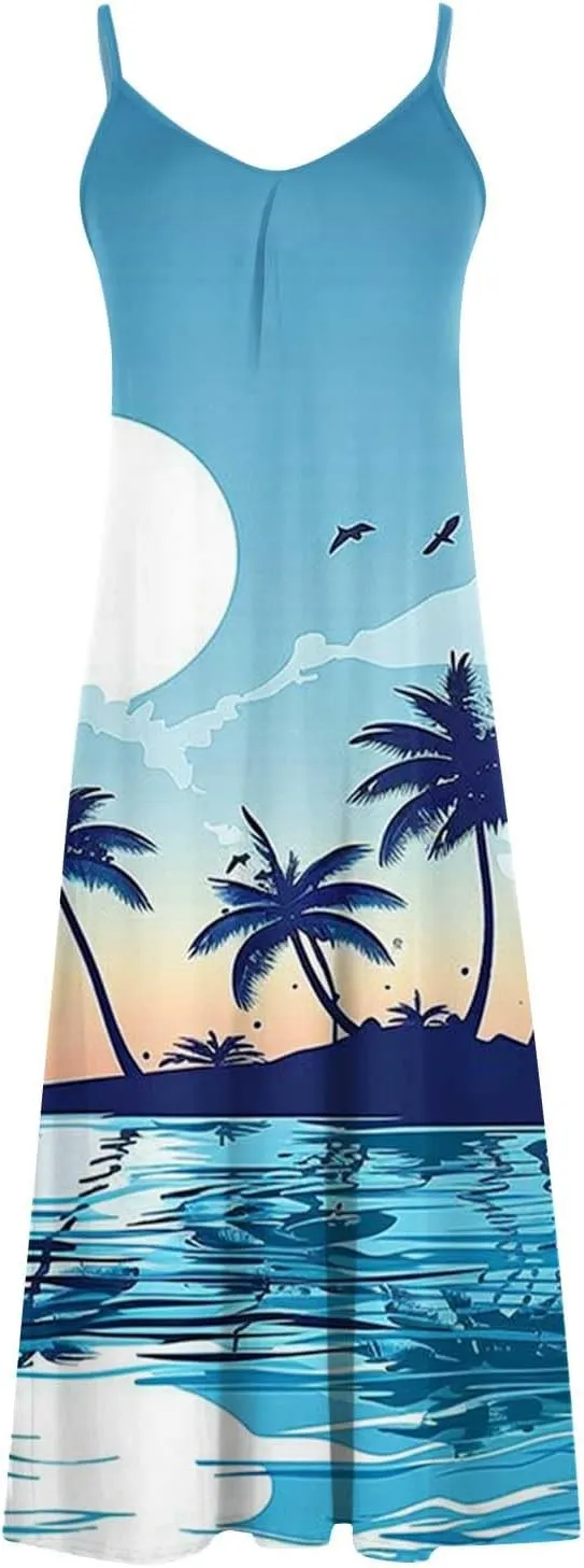 Mzkdieey Women's Beach Palm Trees Print Tropical Hawaiian Dress Spaghetti Strap V Neck Boho Long Maxi Dress Summer Sundress