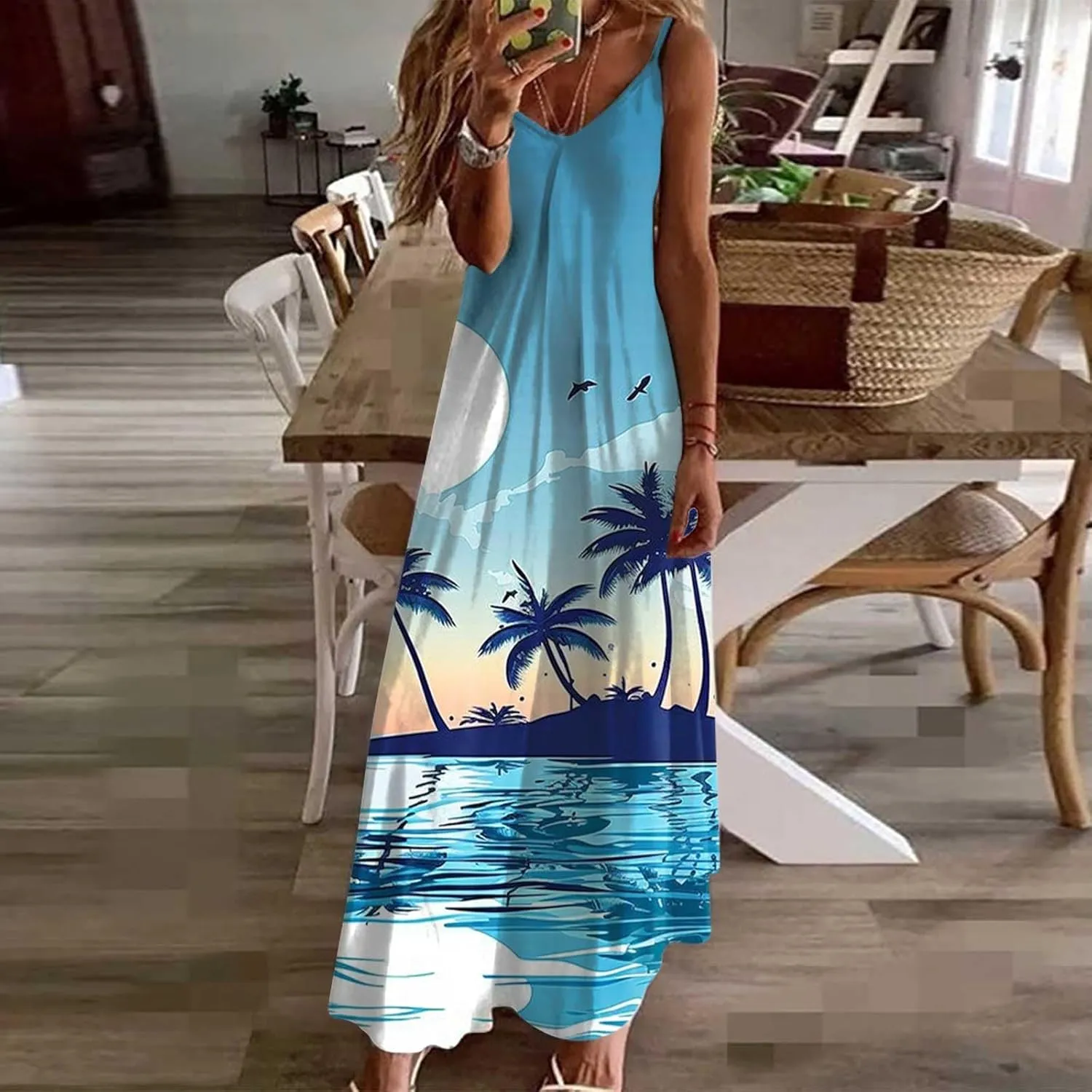 Mzkdieey Women's Beach Palm Trees Print Tropical Hawaiian Dress Spaghetti Strap V Neck Boho Long Maxi Dress Summer Sundress