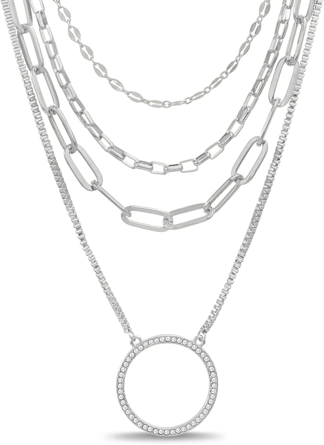 Nautica Rhinestone Layered Necklace for Women Rhodium Plated Brass Pendant Four Row Chain White