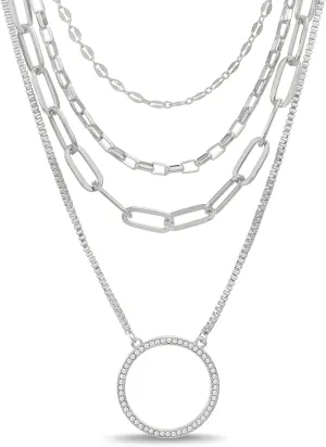 Nautica Rhinestone Layered Necklace for Women Rhodium Plated Brass Pendant Four Row Chain White