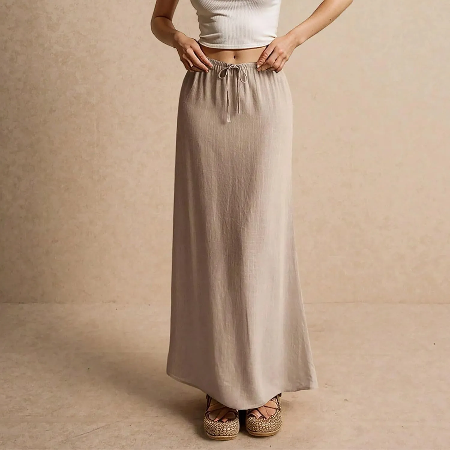 NBXNZWF Linen Skirts for Women 2025 Trendy Summer Low Rise A-Line Maxi Skirts Drawstring Waist Flowy Beach Cover Up Outfit