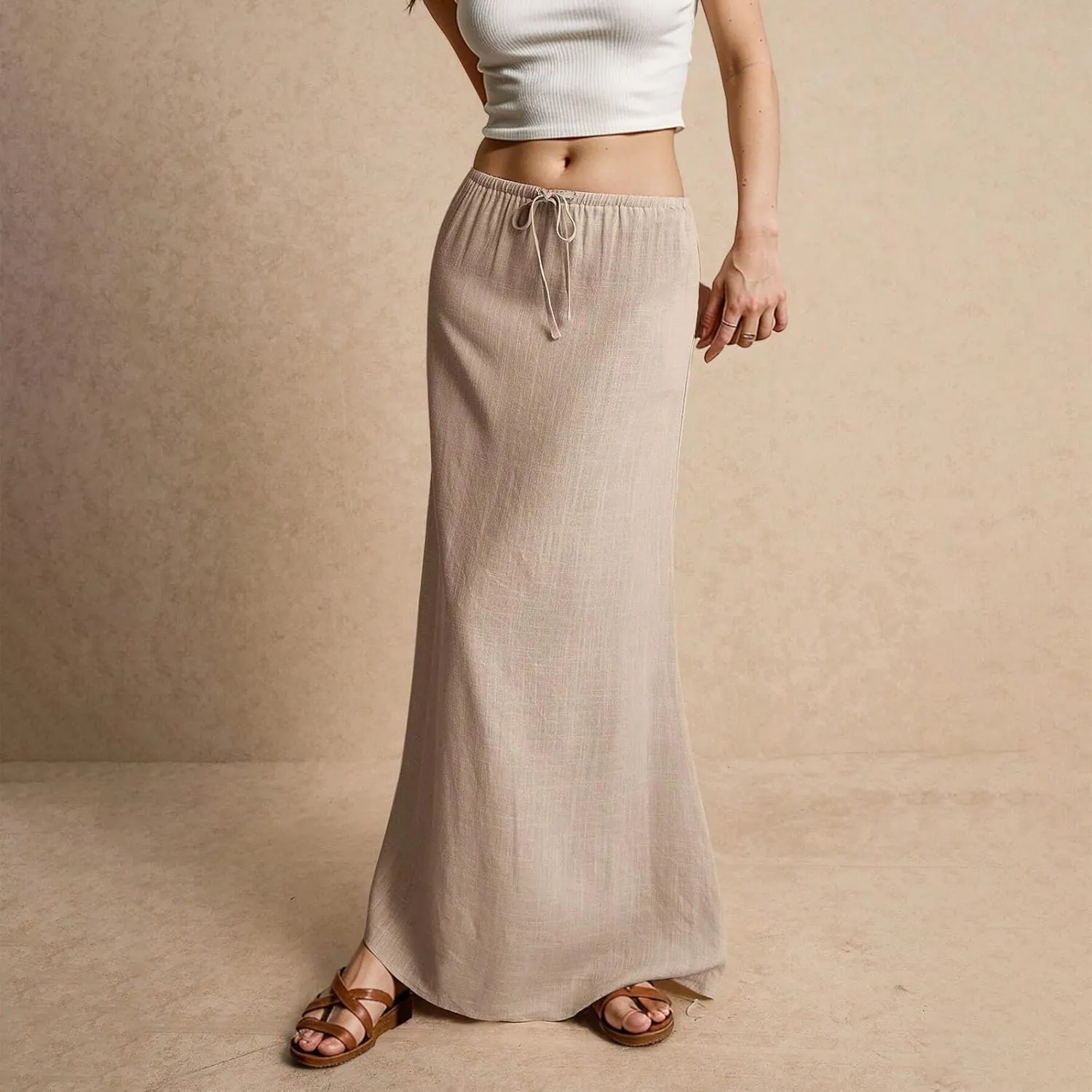NBXNZWF Linen Skirts for Women 2025 Trendy Summer Low Rise A-Line Maxi Skirts Drawstring Waist Flowy Beach Cover Up Outfit