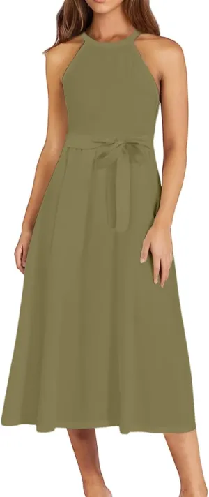 NBXNZWF Womens 2025 Summer Dresses Casual Sleeveless Floral Print Midi Dresses Loose Boho Beach Sundress with Adjustable Belt