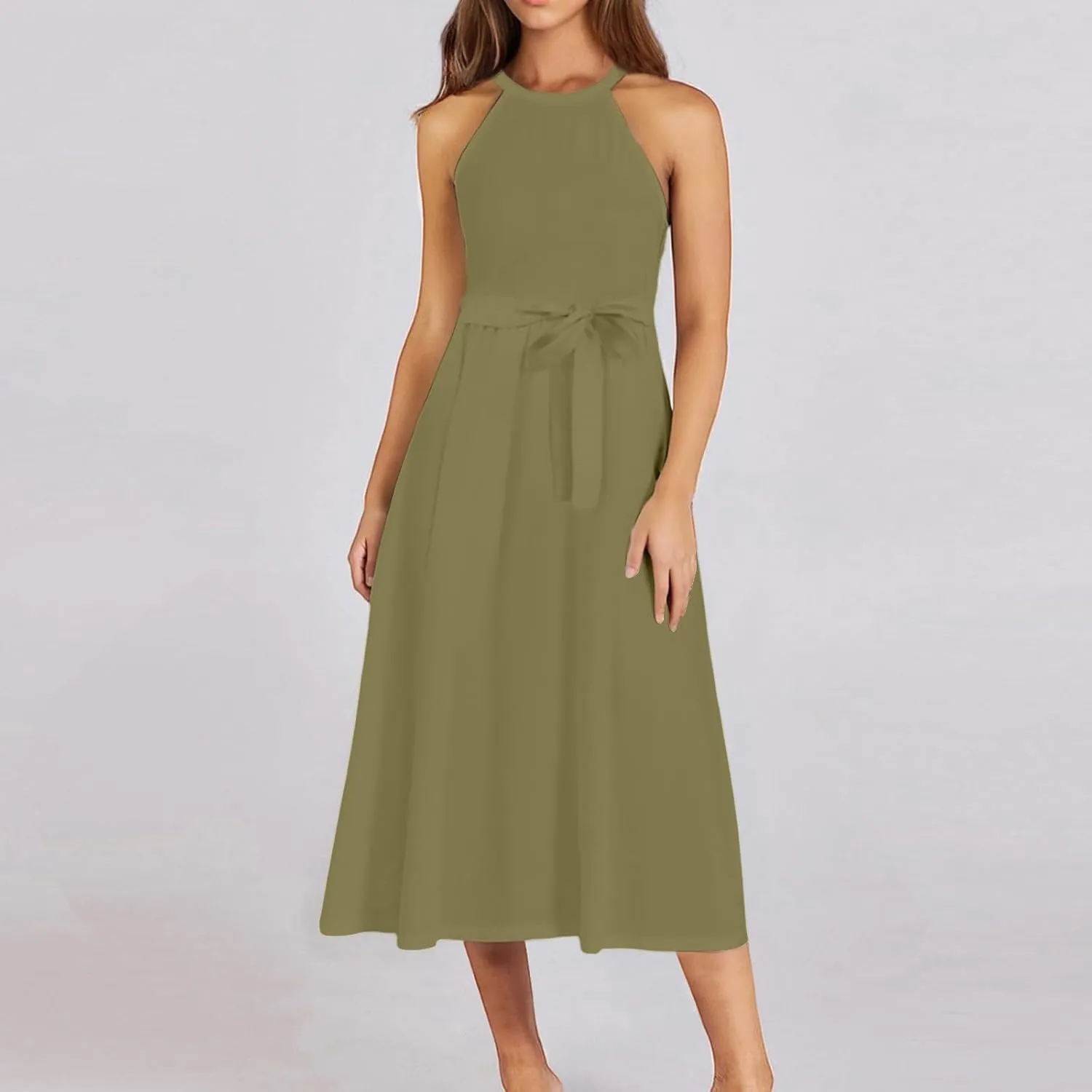 NBXNZWF Womens 2025 Summer Dresses Casual Sleeveless Floral Print Midi Dresses Loose Boho Beach Sundress with Adjustable Belt