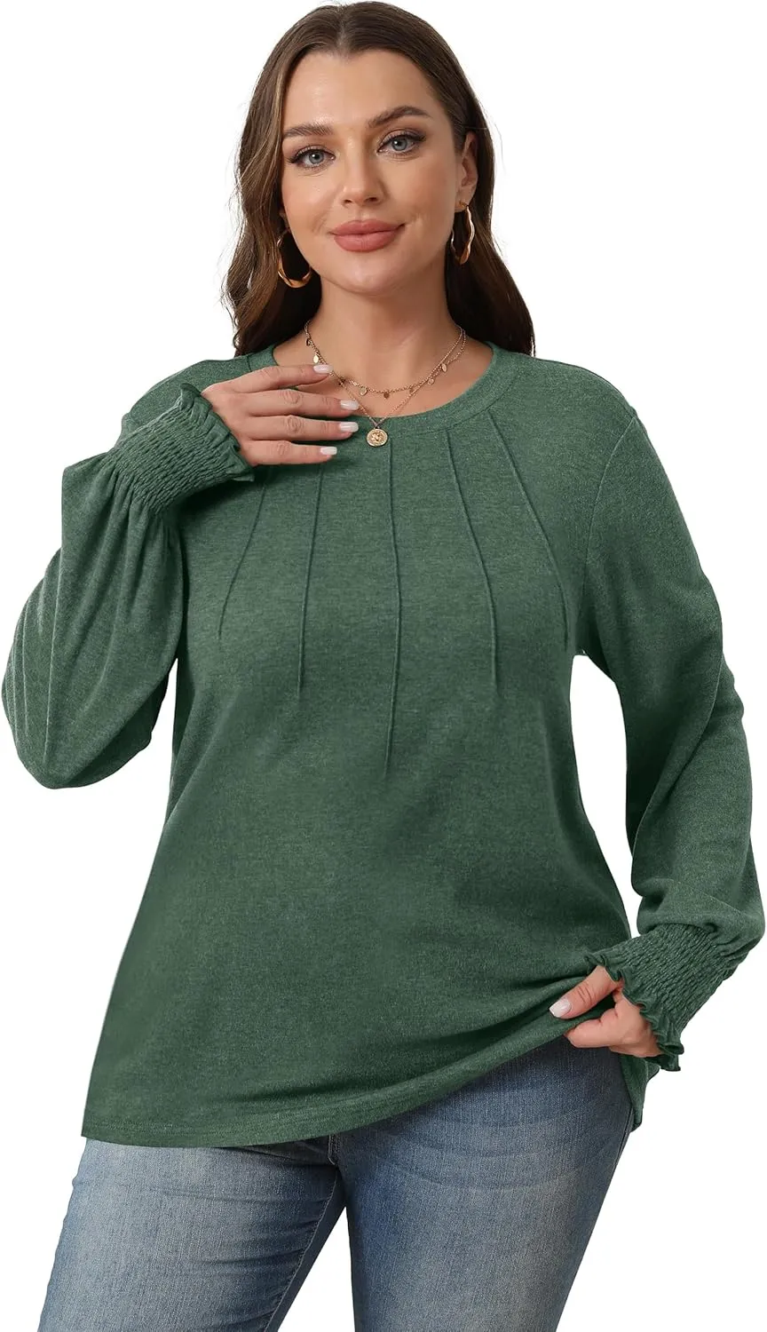 OFEEFAN Women's Tunic Tops Ruffle Sleeve Shirts Pleated Front Blouses Fall Travel Outfits S-3XL