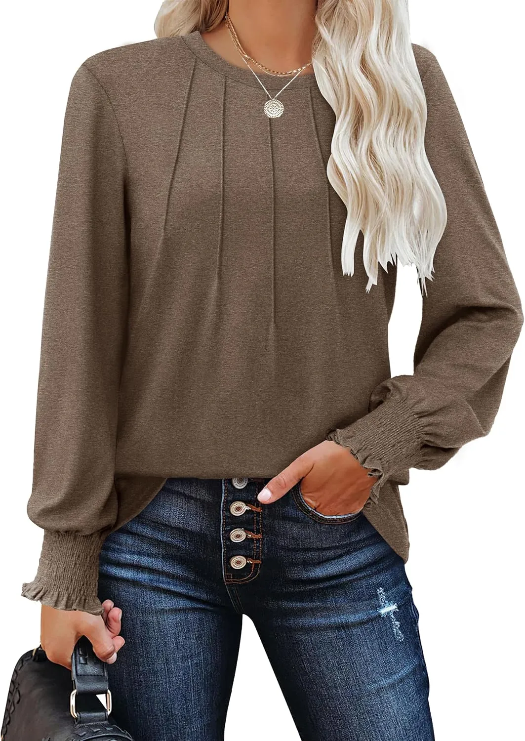OFEEFAN Women's Tunic Tops Ruffle Sleeve Shirts Pleated Front Blouses Fall Travel Outfits S-3XL