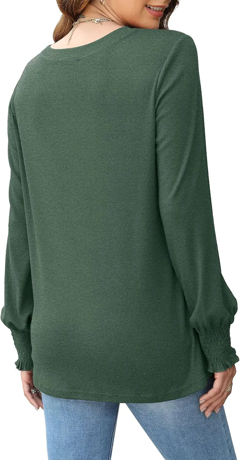 OFEEFAN Women's Tunic Tops Ruffle Sleeve Shirts Pleated Front Blouses Fall Travel Outfits S-3XL