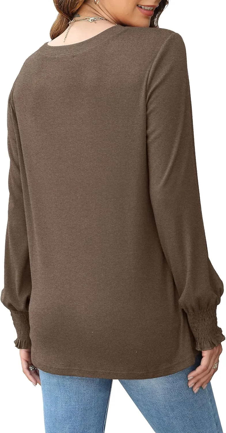 OFEEFAN Women's Tunic Tops Ruffle Sleeve Shirts Pleated Front Blouses Fall Travel Outfits S-3XL