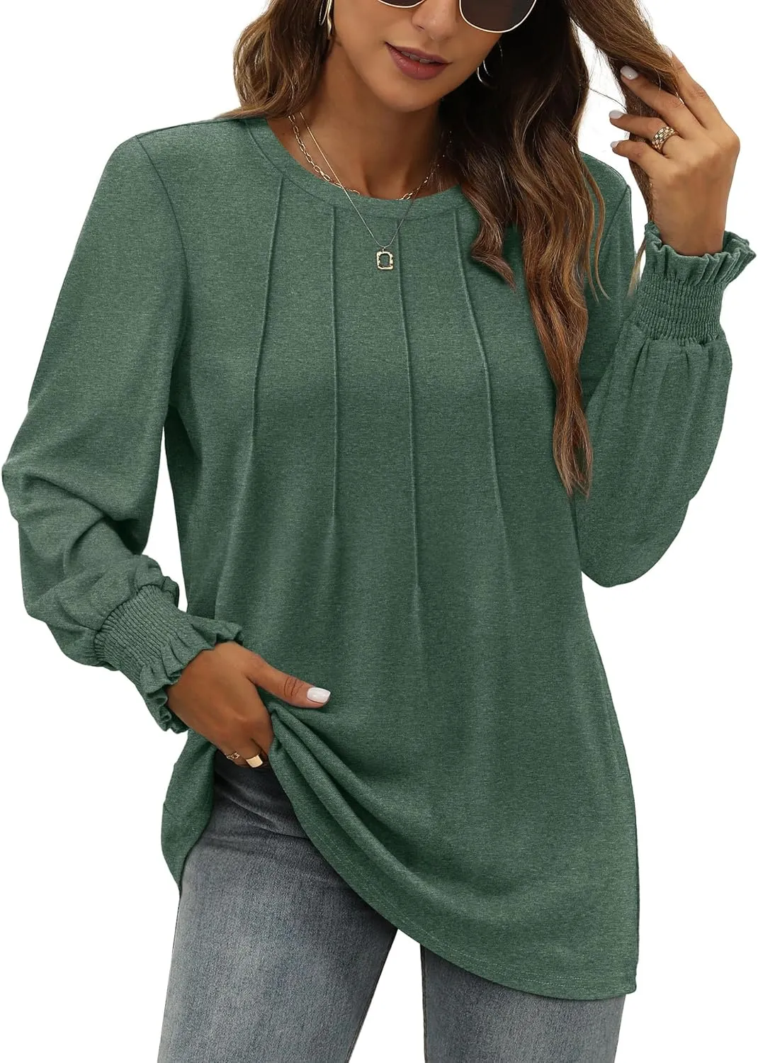 OFEEFAN Women's Tunic Tops Ruffle Sleeve Shirts Pleated Front Blouses Fall Travel Outfits S-3XL