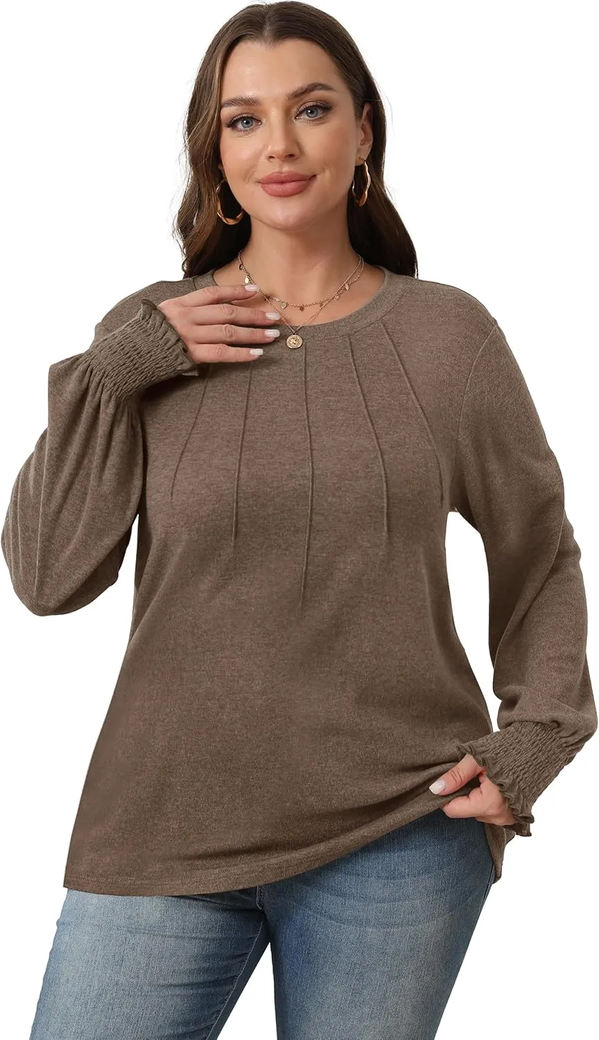 OFEEFAN Women's Tunic Tops Ruffle Sleeve Shirts Pleated Front Blouses Fall Travel Outfits S-3XL