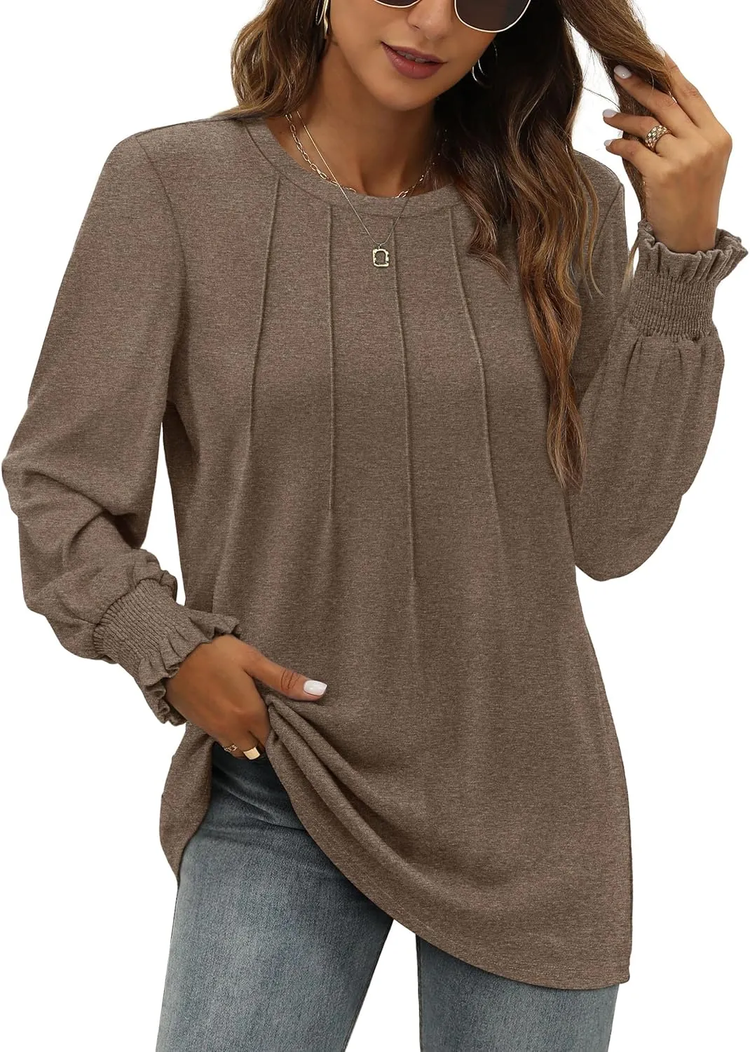 OFEEFAN Women's Tunic Tops Ruffle Sleeve Shirts Pleated Front Blouses Fall Travel Outfits S-3XL