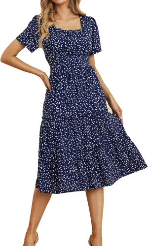 Ollysqiar Dresses Women's 2023 Floral Summer Dress Wrap V Neck Short Sleeve Belted Ruffle Hem A-Line Bohemian Dresses A02 1