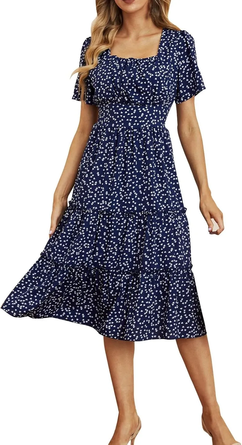 Ollysqiar Dresses Women's 2023 Floral Summer Dress Wrap V Neck Short Sleeve Belted Ruffle Hem A-Line Bohemian Dresses A02 1