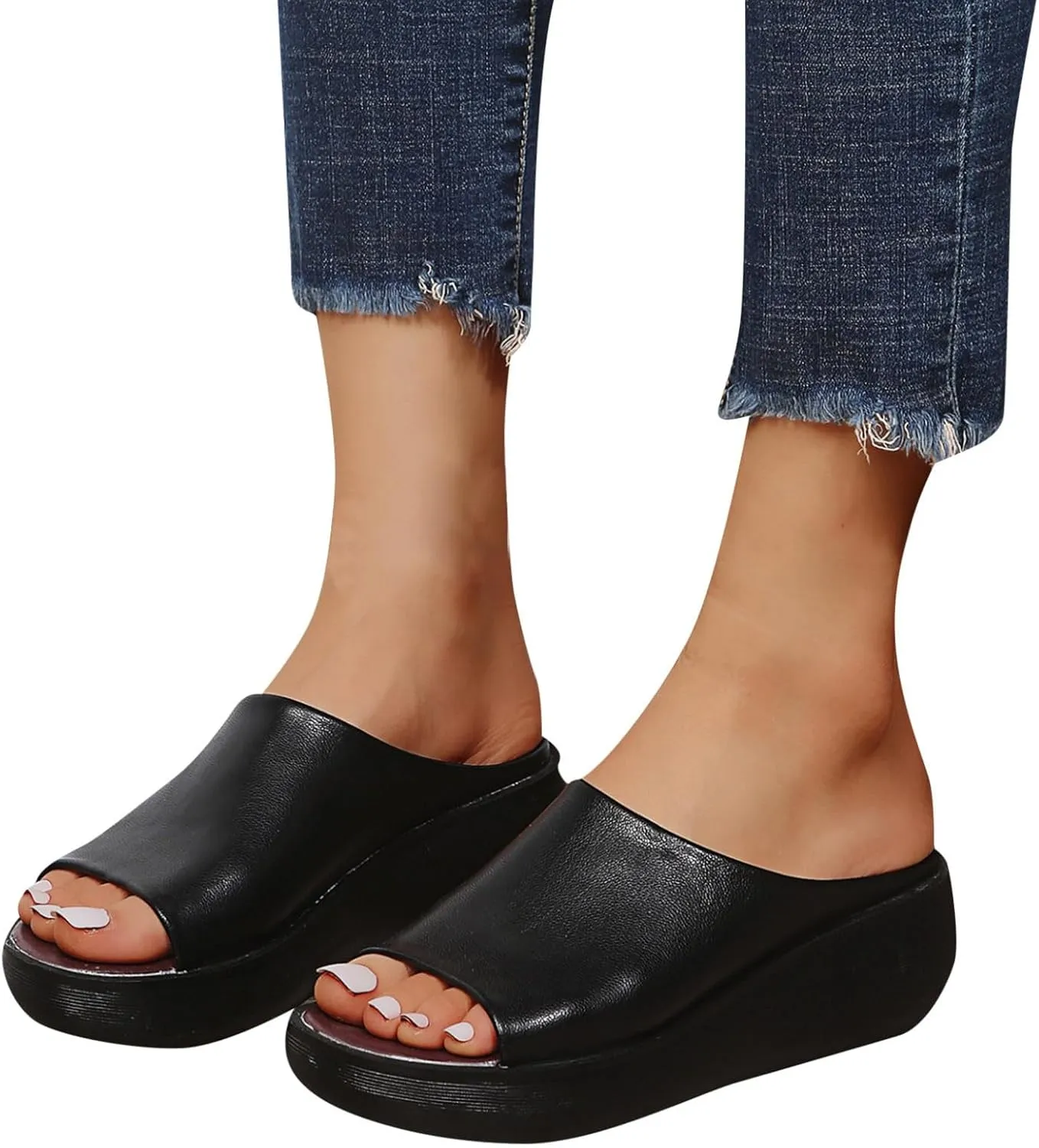 Orthopedic Sandals Summer Comfortable Orthotic Slip-On Leather Wedges High Heel Slides Open Toe Dressy Platform Arch Support Slip Soft Fashion Muffin Slippers Fishmouth Casual Outdoor Sandal