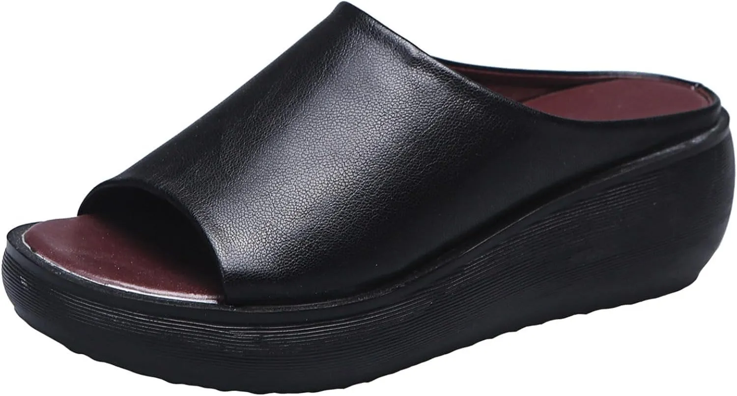 Orthopedic Sandals Summer Comfortable Orthotic Slip-On Leather Wedges High Heel Slides Open Toe Dressy Platform Arch Support Slip Soft Fashion Muffin Slippers Fishmouth Casual Outdoor Sandal