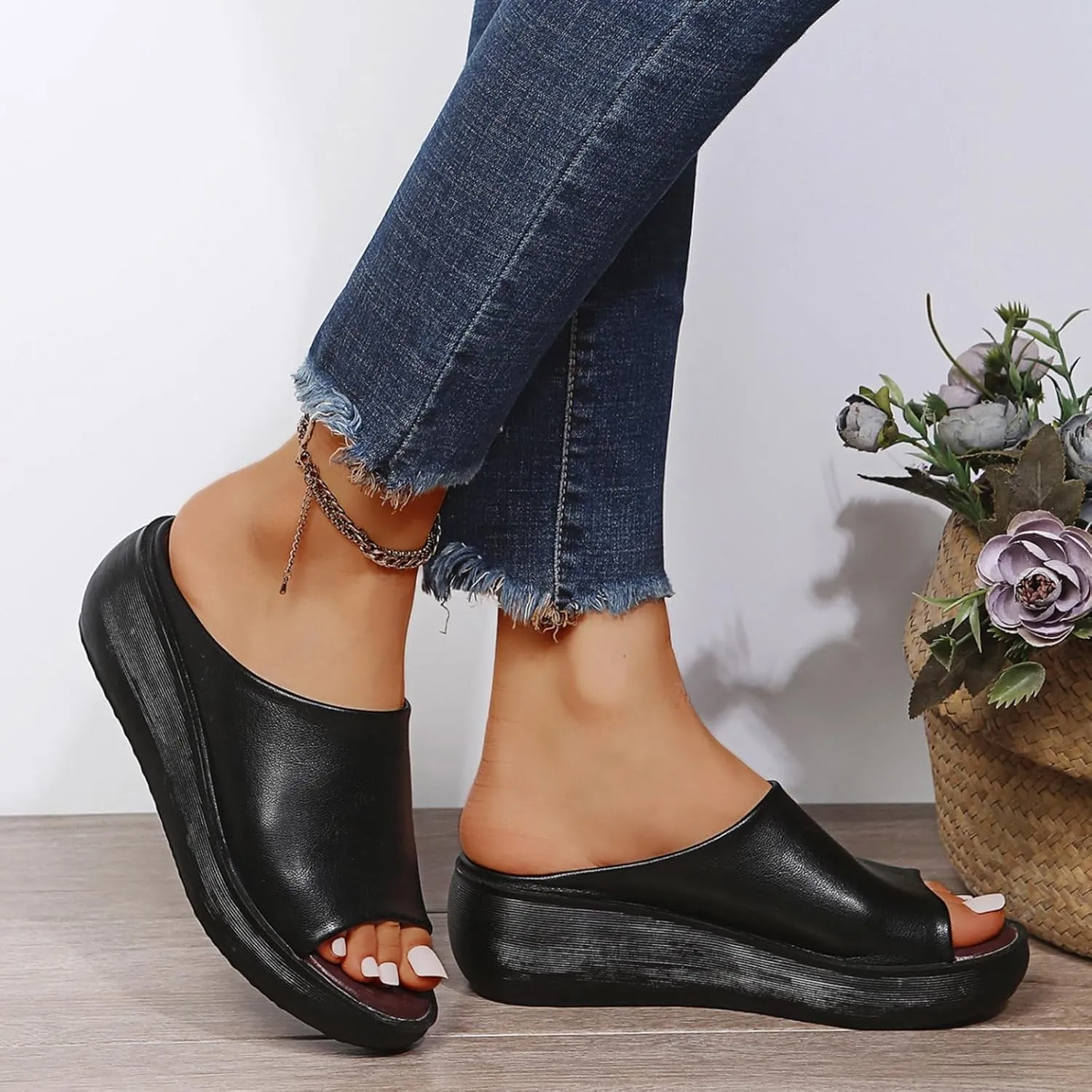 Orthopedic Sandals Summer Comfortable Orthotic Slip-On Leather Wedges High Heel Slides Open Toe Dressy Platform Arch Support Slip Soft Fashion Muffin Slippers Fishmouth Casual Outdoor Sandal
