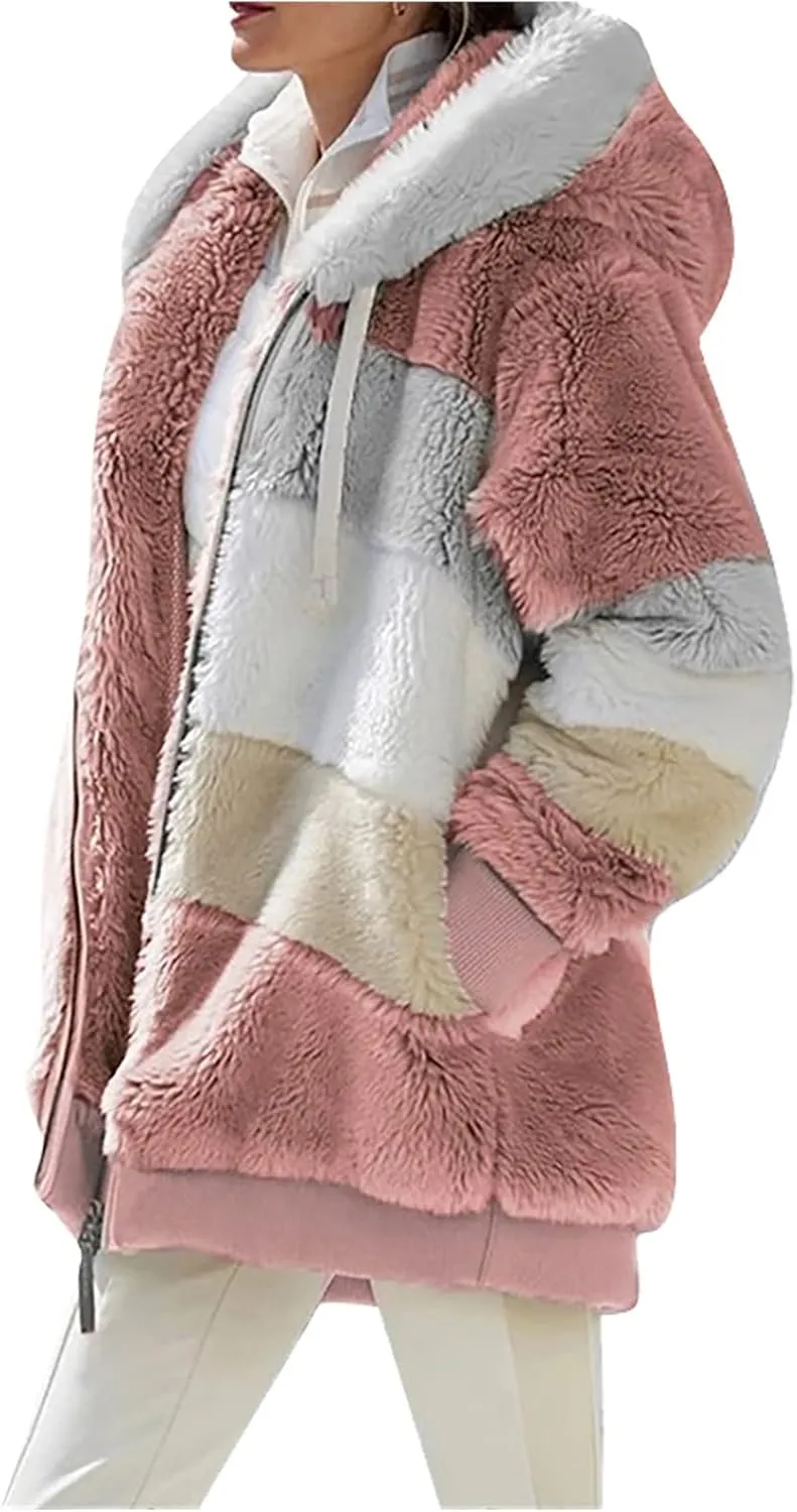 Oversized Fuzzy Fleece Jackets For Women Fashion 2023 Color Block Faux Fur Cardigan Coat Shaggy Warm Winter Outerwear