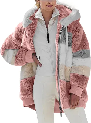 Oversized Fuzzy Fleece Jackets For Women Fashion 2023 Color Block Faux Fur Cardigan Coat Shaggy Warm Winter Outerwear