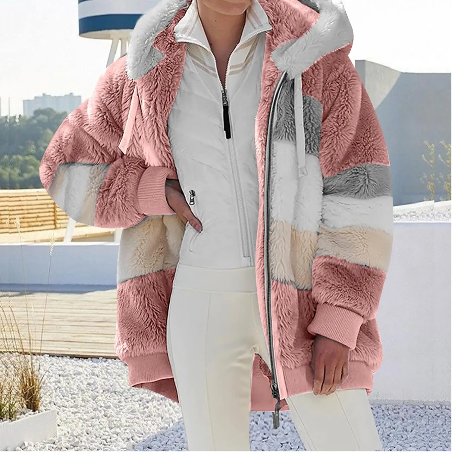 Oversized Fuzzy Fleece Jackets For Women Fashion 2023 Color Block Faux Fur Cardigan Coat Shaggy Warm Winter Outerwear
