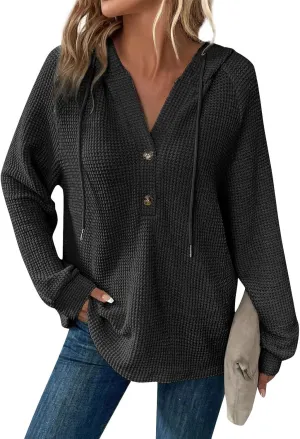 Oversized Hoodies for Women Trendy Waffle Knit V Neck Sweatshirt Cute Y2k Hoodie Long Sleeve Pullover Tops