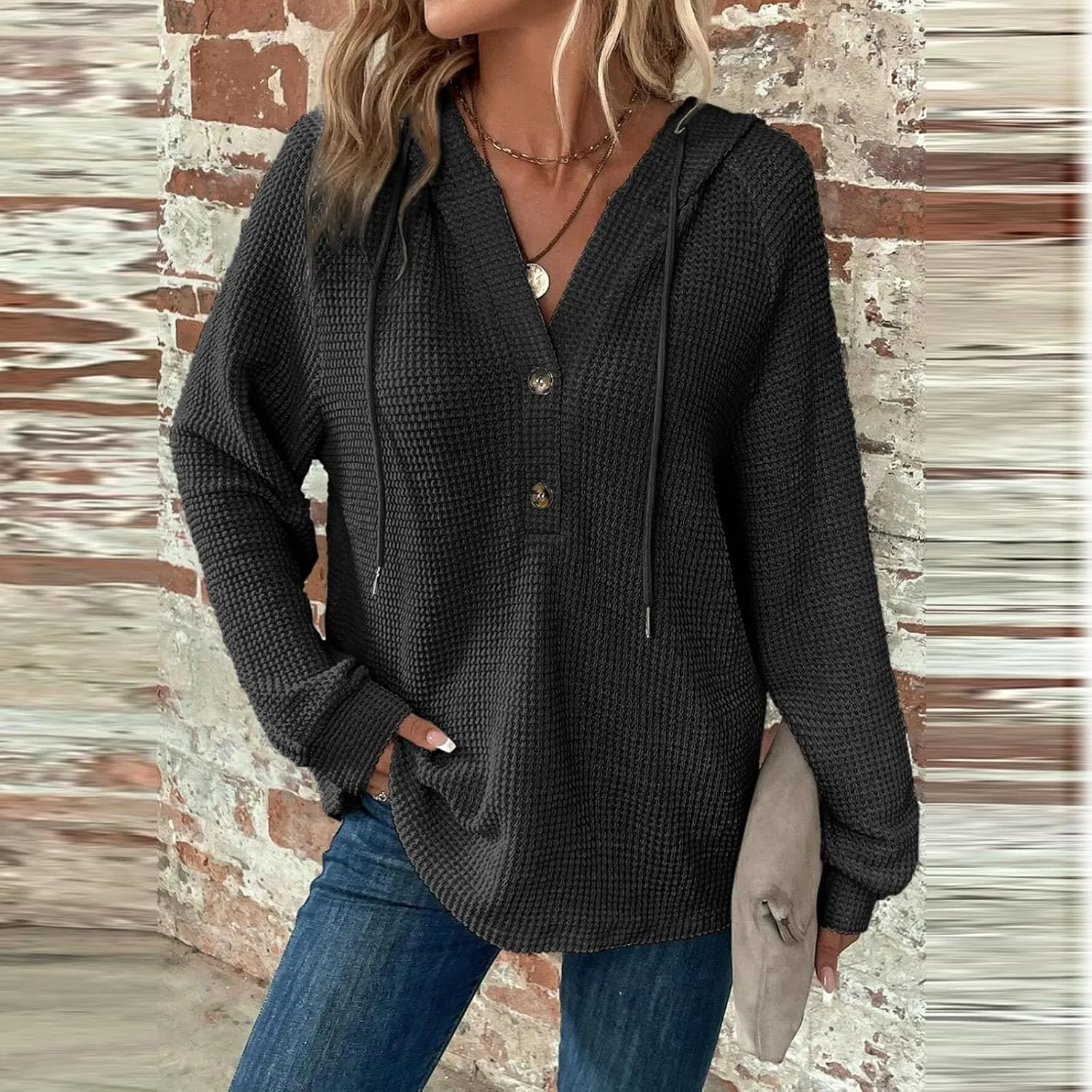 Oversized Hoodies for Women Trendy Waffle Knit V Neck Sweatshirt Cute Y2k Hoodie Long Sleeve Pullover Tops
