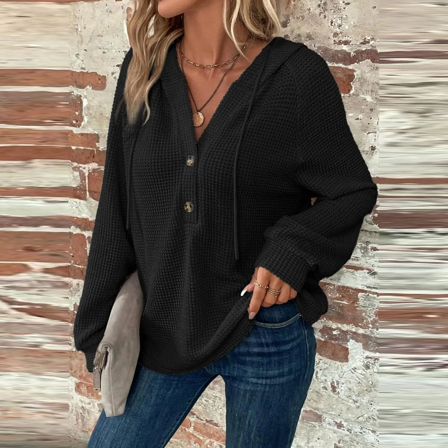 Oversized Hoodies for Women Trendy Waffle Knit V Neck Sweatshirt Cute Y2k Hoodie Long Sleeve Pullover Tops