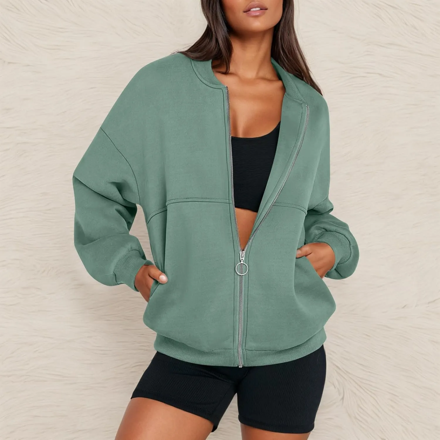 Oversized Zip Up Sweatshirt Women Bomber Fleece Zip Up Jacket Casual Athletic Workout Sweat Jackets with Pockets